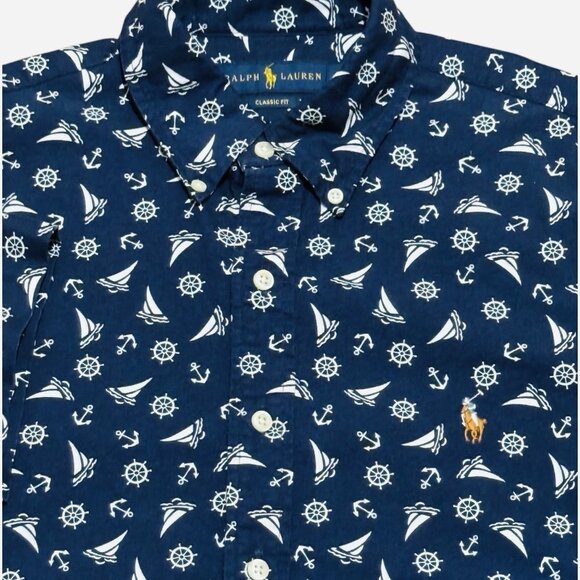 Ralph Lauren Nautical Blue Short Sleeve Button Down Flesh Pony Shirt Mens Medium - Picture 12 of 12